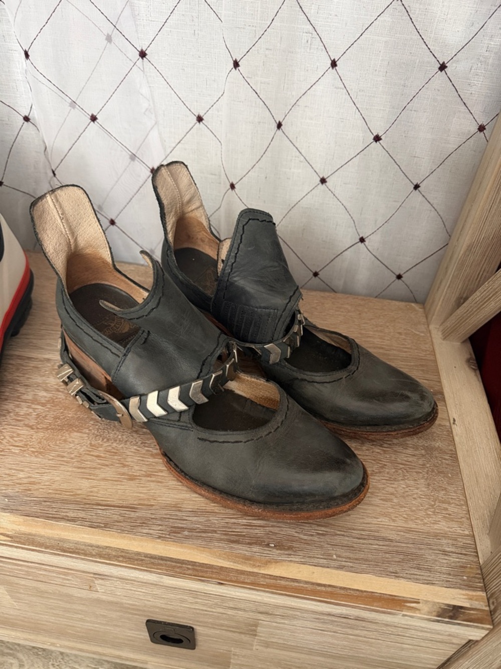 Freebird by Steven Black Leather Mary Jane Heels with Chevron Strap